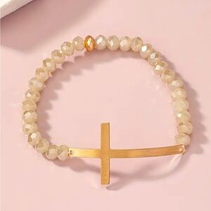 NEW! Gold Cross & Sparkling Beige Tan Glass Beads Stretch Bracelet